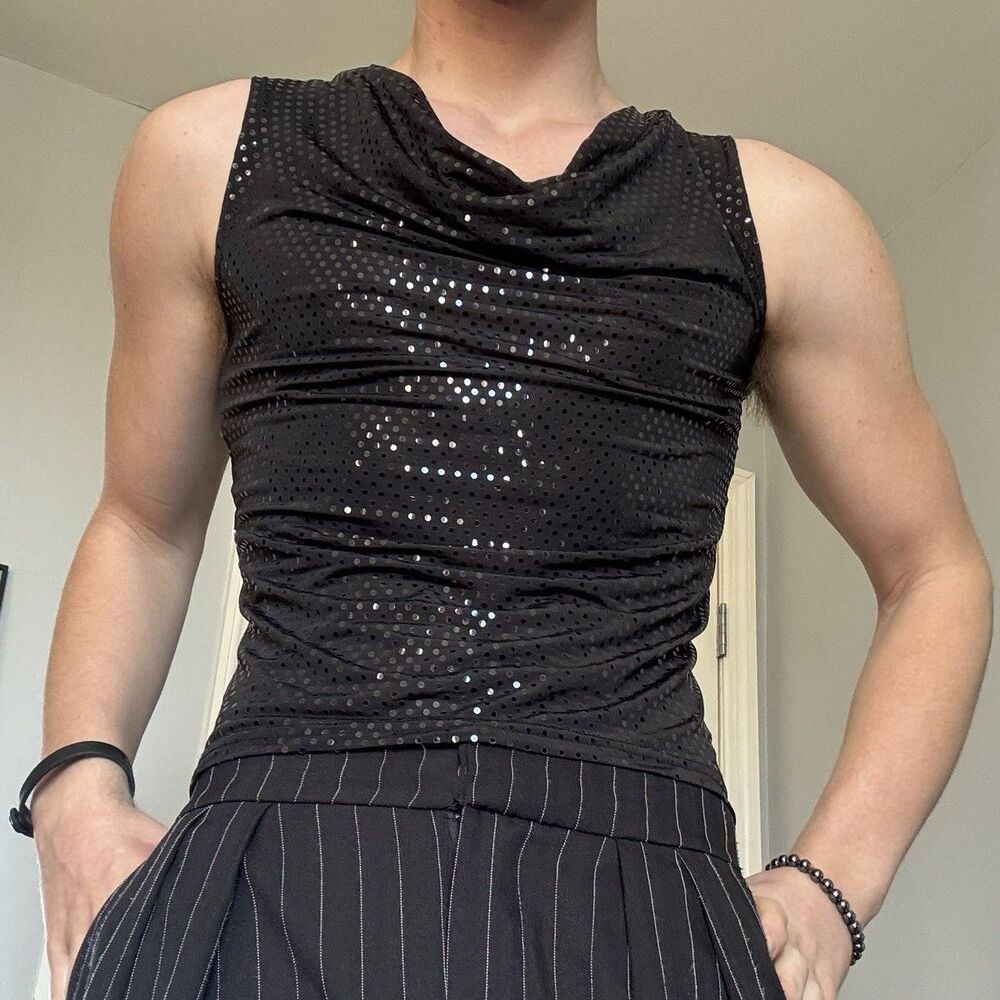 Vintage Western Connection Sequin Colorblock Sleeveless Cowl Neck Top Women's M